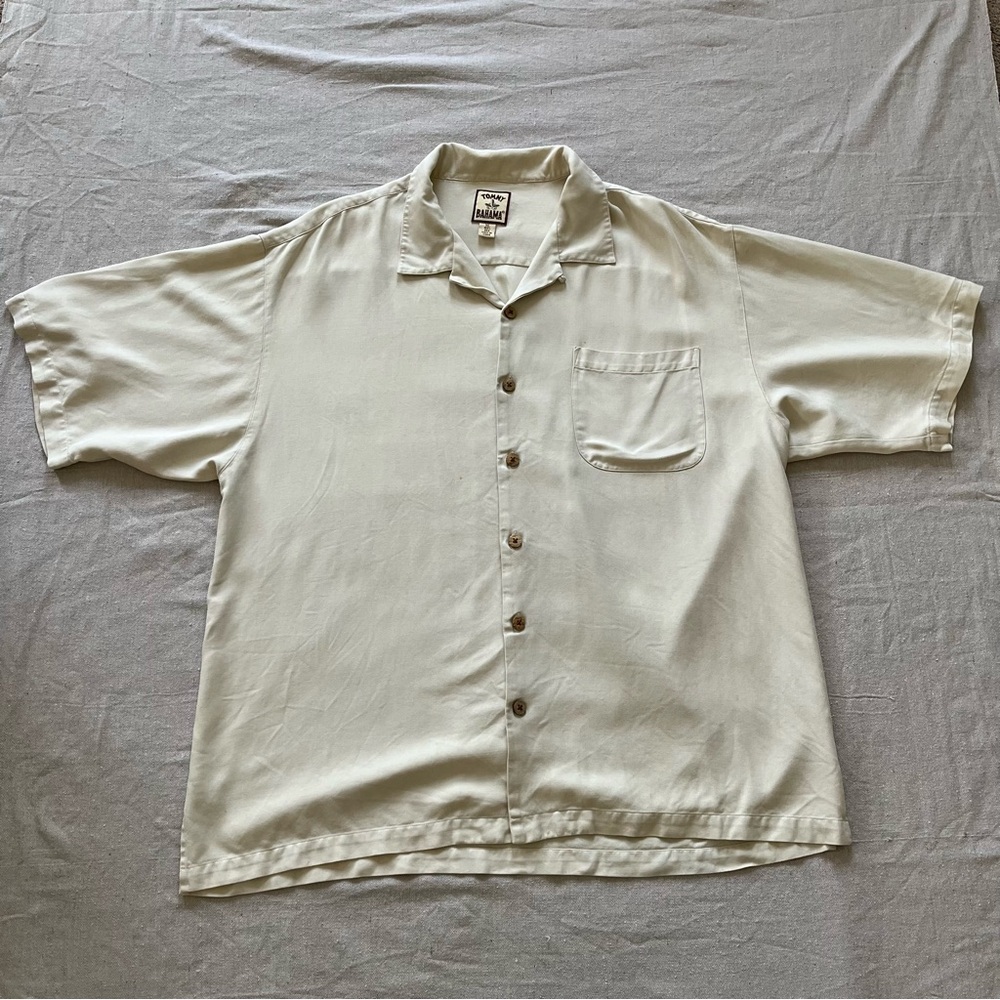 Tommy Bahama Silk Short Sleeve Button Down Herringbone Hawaiian Shirt w Pocket